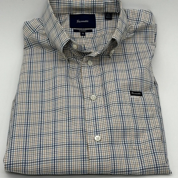Faconnable Classique Men's Shirt button down collar blue Tan plaid all cotton XL - Picture 8 of 8